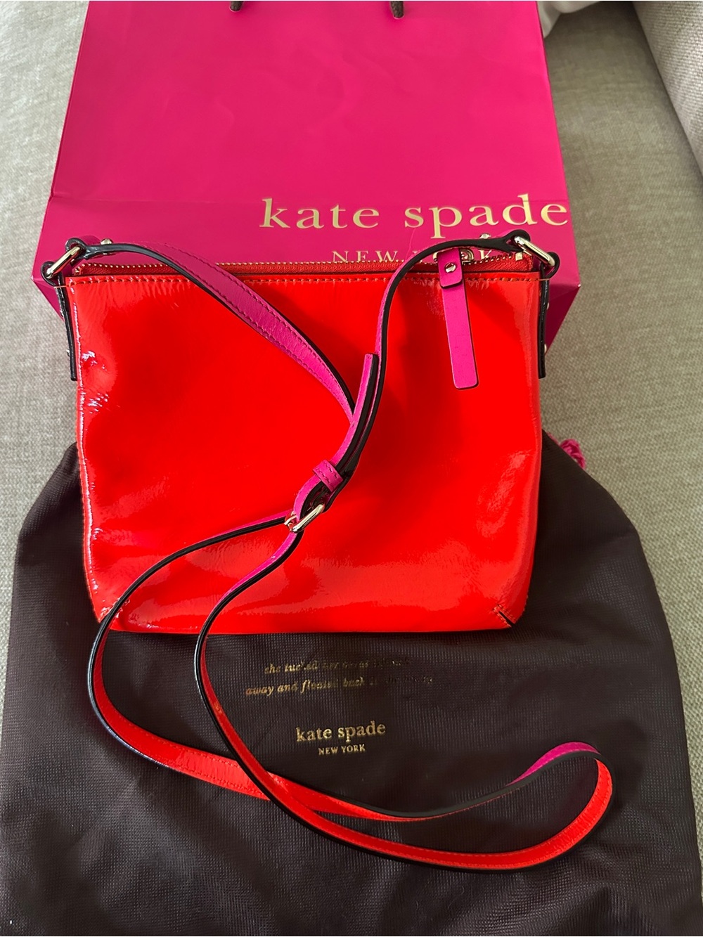 New Kate Spade Flicker Tenley Red Patent Crossbody Bag with Pink Trim